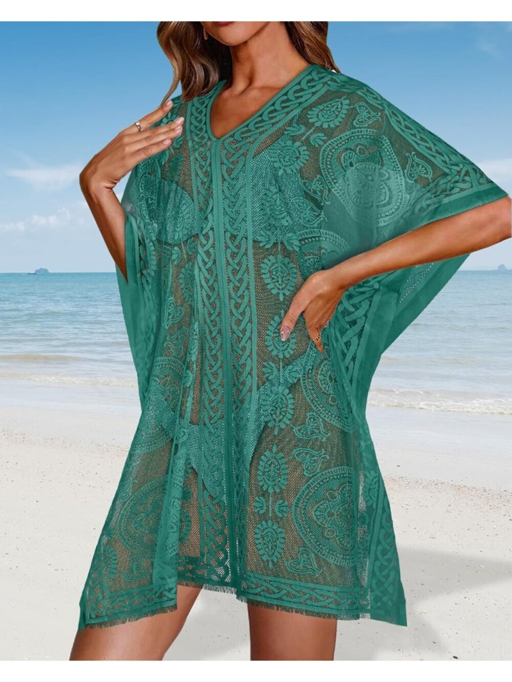 〽️Women's Green V Neck Beach Loose Bikini Lace Bathing Suit Polyester Cover Up